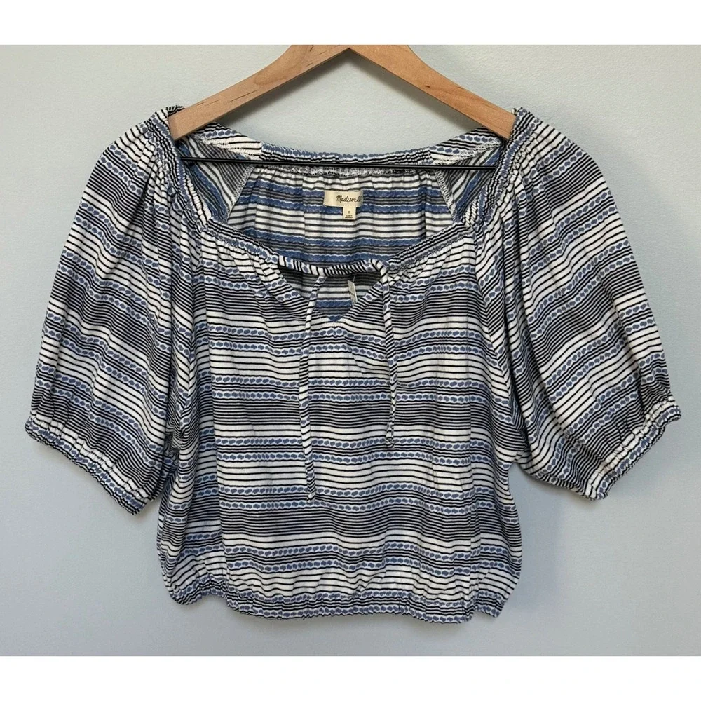 NWT Madewell Jacquard Striped‎ Puff Sleeve Size M Crop Top Pullover Keyhole Tue